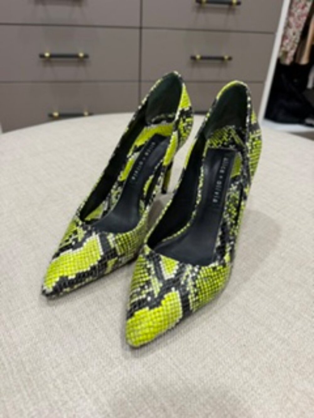 Alice + Olivia Neon Yellow Snakeskin Print Pointed Toe Stiletto Heels